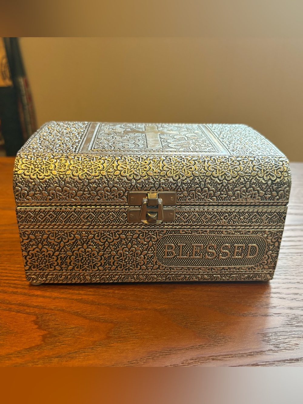 Blessed Embossed Decorative Jewelry Box - Metallic Silver